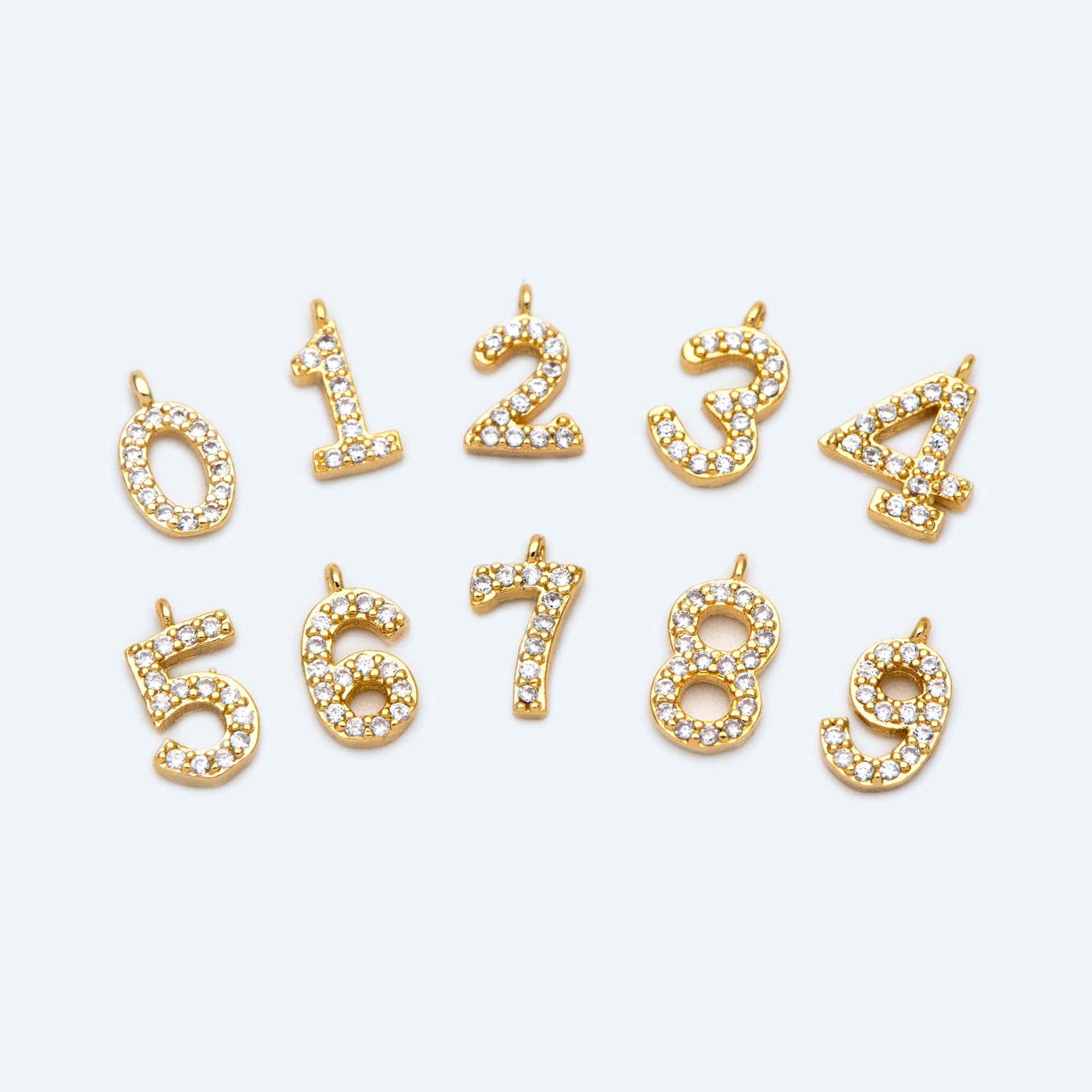 Gold Number Charms, CZ Pave Number Charms, Mini Tiny Charms 9-10mm Tall, Anniversary Birthday Number Beads (GB-1652)